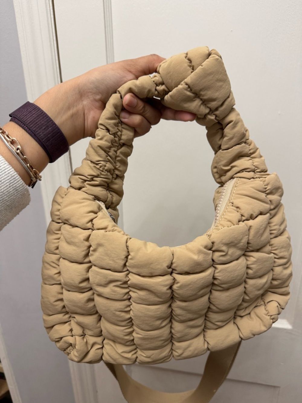 Quilted Puffer Hobo Bag in Beige